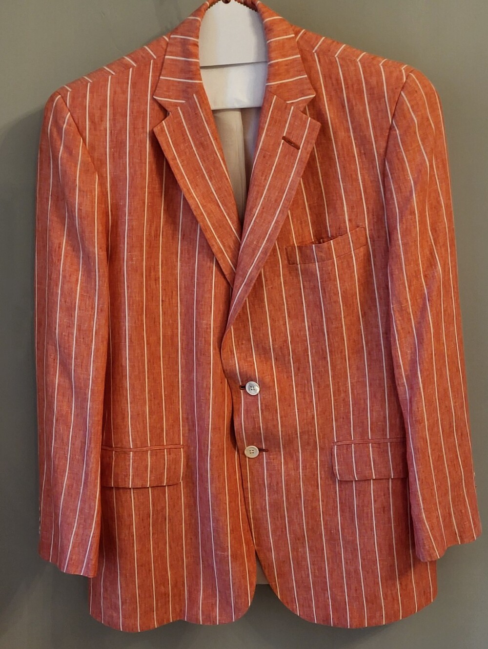 Holland & Sherry Bespoke Terracotta Linen White Pinstripe 42L